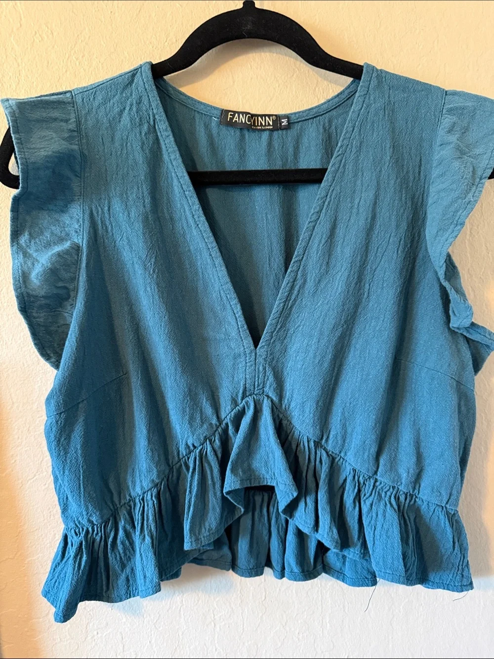 FANCYINN Teal 2 Piece Crop Top Wide Leg Side Slit Pants Set Medium